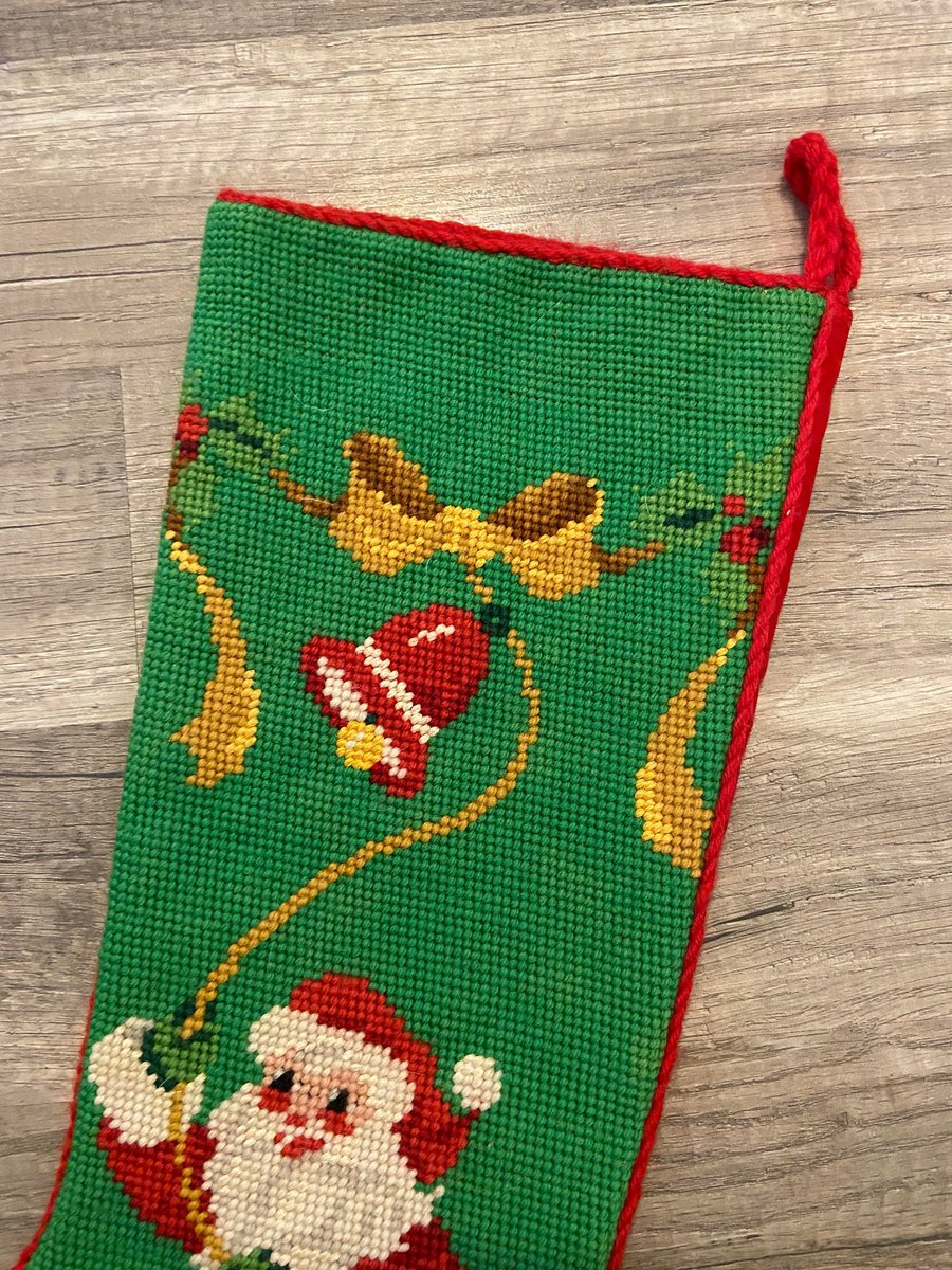 Christmas Stocking Vintage 1970s BUCILLA Santa Ringing Bell Sled Needlepoint LINED Holiday Decor
