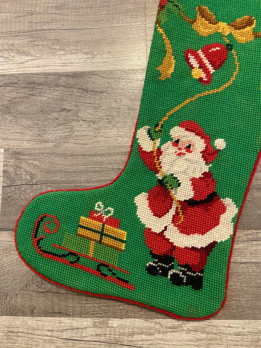 Christmas Stocking Vintage 1970s BUCILLA Santa Ringing Bell Sled Needlepoint LINED Holiday Decor