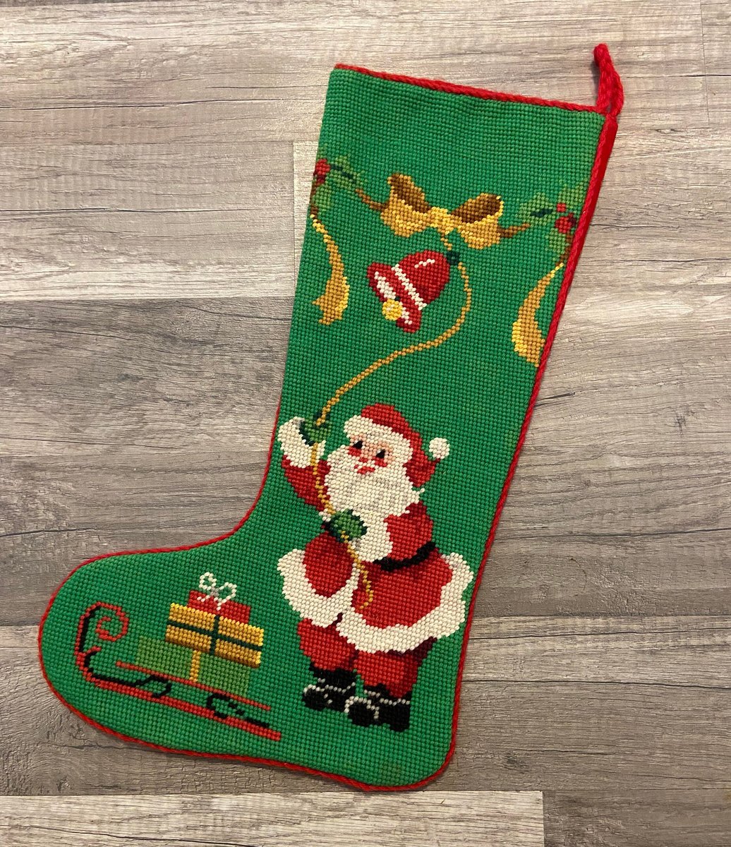 Christmas Stocking Vintage 1970s BUCILLA Santa Ringing Bell Sled Needlepoint LINED Holiday Decor
