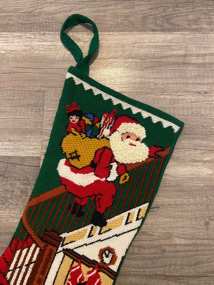 Christmas Holiday Stocking FINISHED Vintage BUCILLA Down the Banister 60392 Heirloom Needlepoint Candycane Mistletoe