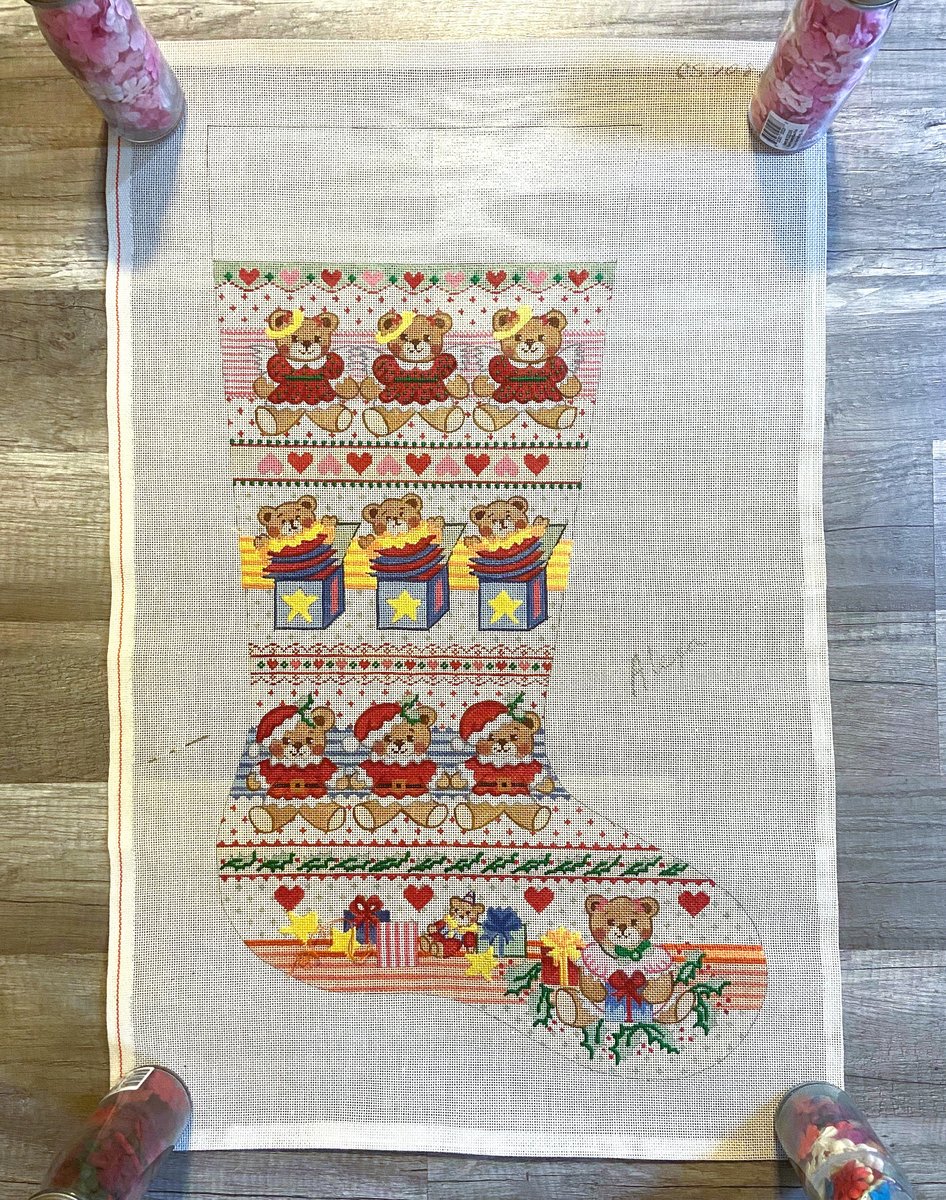 Handpainted Needlepoint Christmas Stocking Canvas Vintage ALEXA Teddy Bears Toys Embroidery Holiday Decor