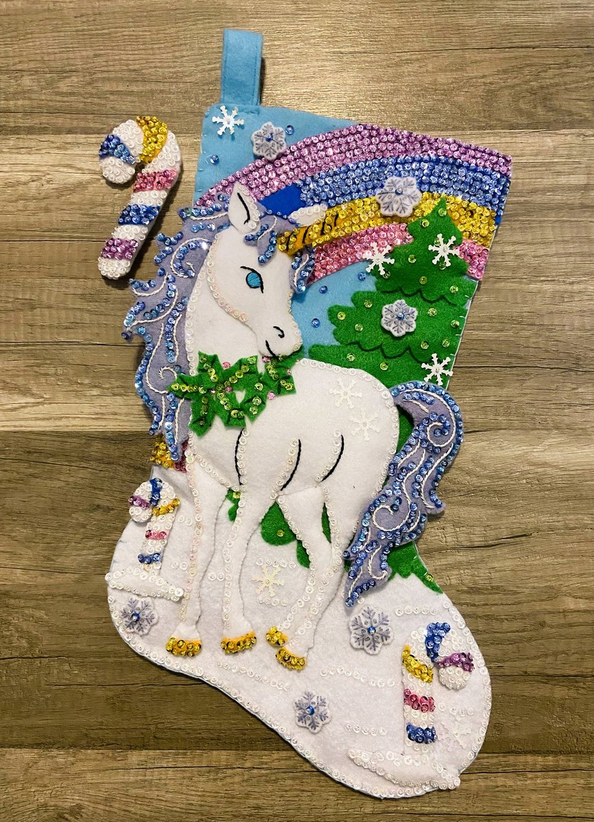 Bucilla Christmas Stockings Handmade LINED Santa's Unicorn Festive Holiday Fun Gift For Kids Unicorn and Rainbow Wall Art Decor