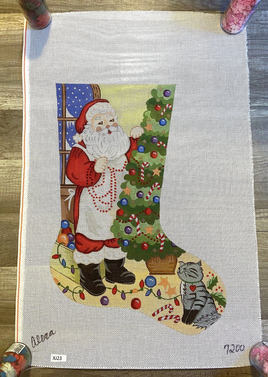 New Vintage ALEXA Santa Claus Cat Christmas Tree Decorating 7200 Stocking Handpainted Needlepoint Holiday Canvas Embroidery