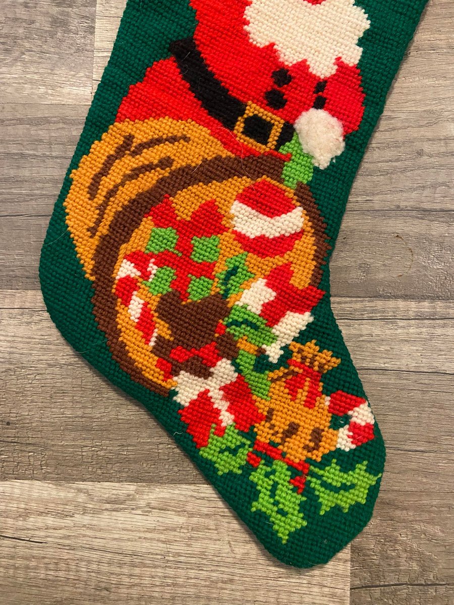 FINISHED Christmas Stocking Vintage 1980's WonderArt 'SANTA' 6895 Needlepoint Holiday Decor
