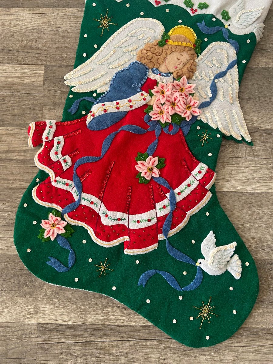 NEW BUCILLA Handmade Finished JUMBO Poinsettia Princess Angel Felt Christmas Stocking from #84080 1990s Holiday Decor!