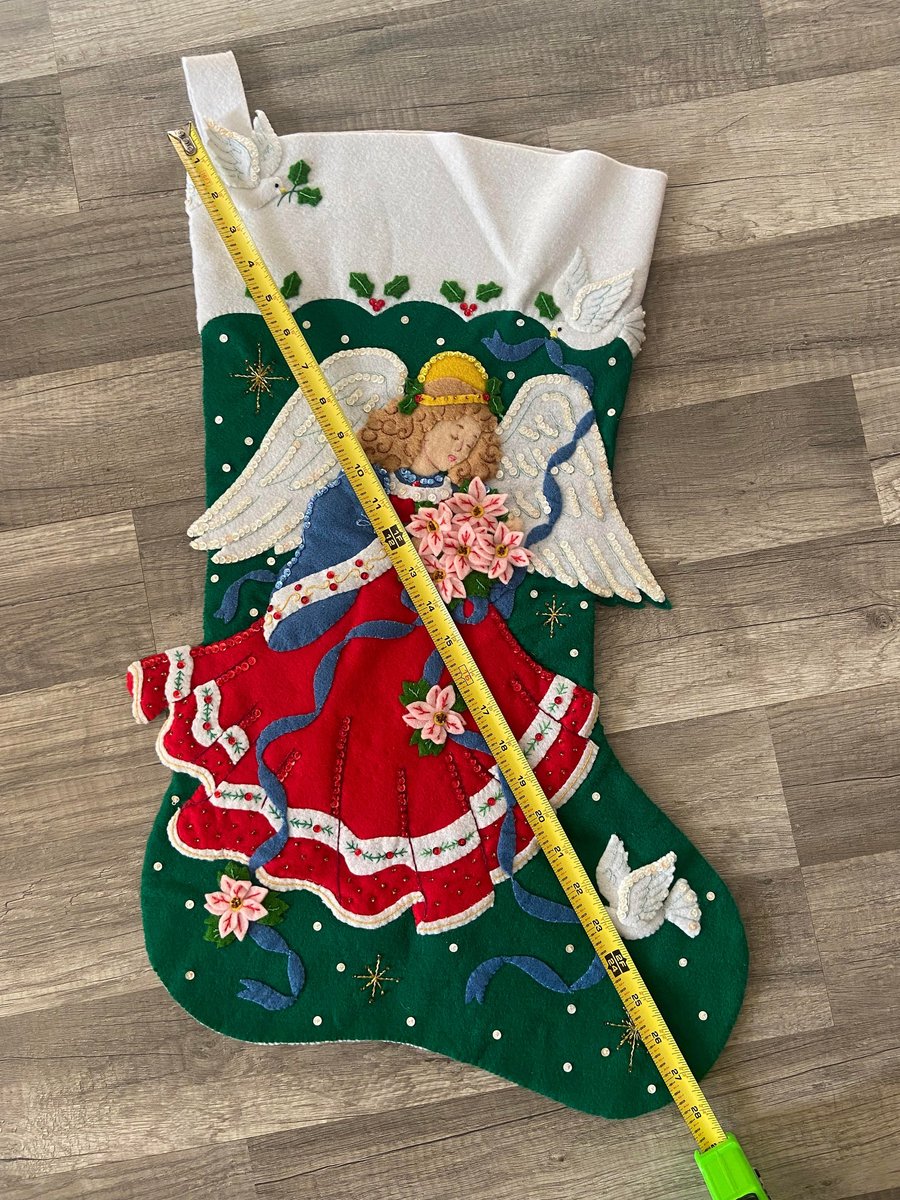 NEW BUCILLA Handmade Finished JUMBO Poinsettia Princess Angel Felt Christmas Stocking from #84080 1990s Holiday Decor!