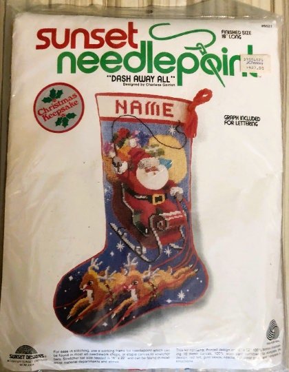 Finished Vintage Christmas Stocking SUNSET Needlepoint Santa Claus "Dash Away All" Holiday Decor