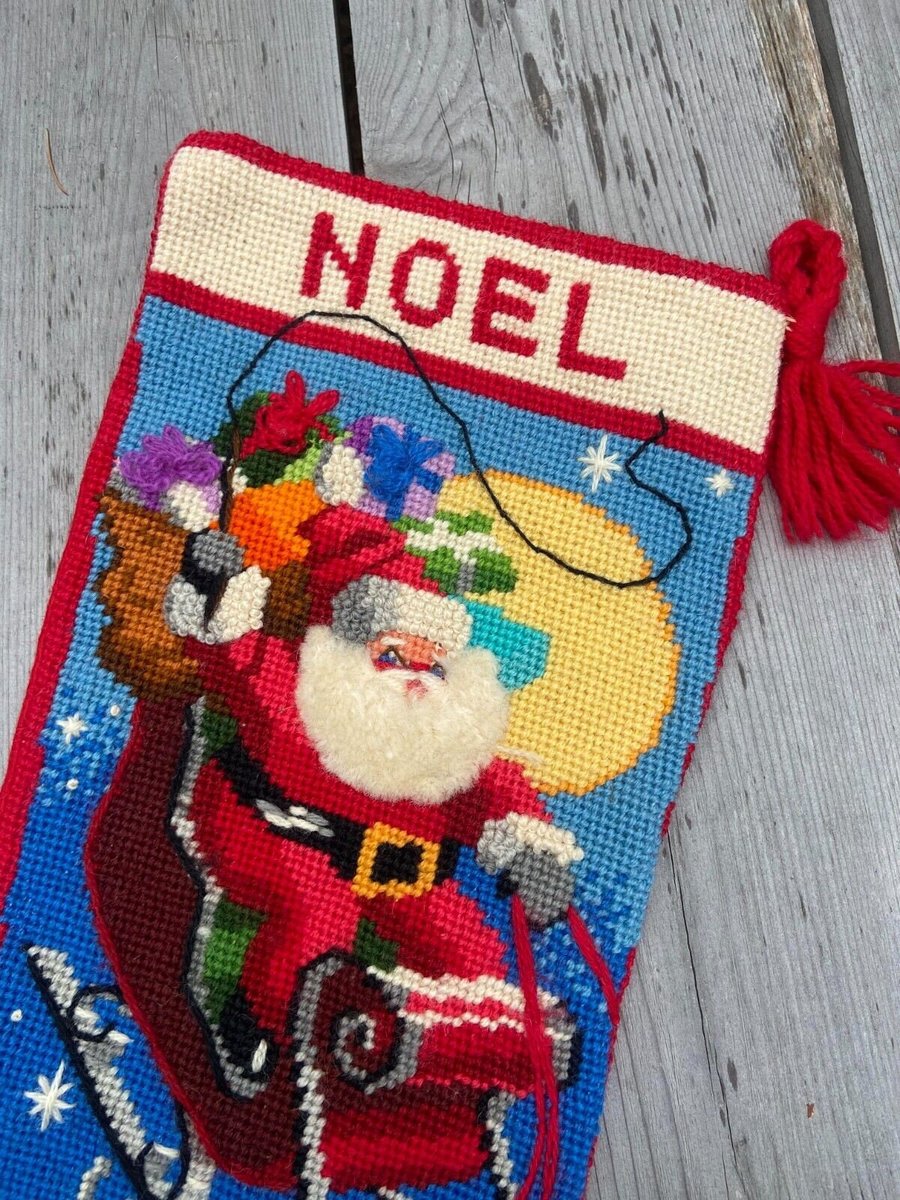 Finished Vintage Christmas Stocking SUNSET Needlepoint Santa Claus "Dash Away All" Holiday Decor