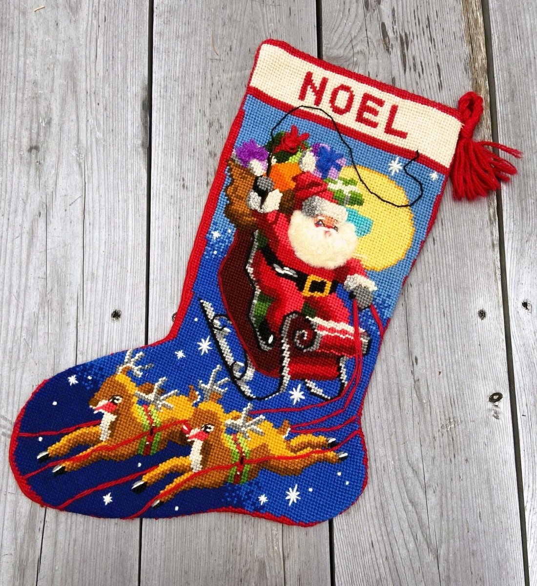Finished Vintage Christmas Stocking SUNSET Needlepoint Santa Claus "Dash Away All" Holiday Decor