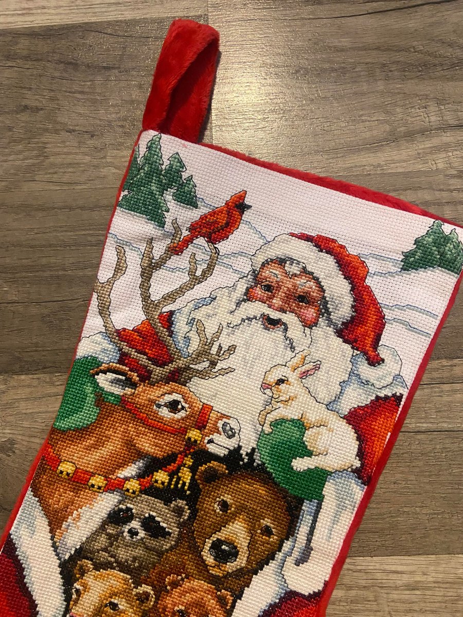 Christmas Stocking, Vintage 1996 FINISHED DIMENSIONS Peace On Earth Santa Claus, Handmade Counted Cross Stitch Holiday Stocking, Animals