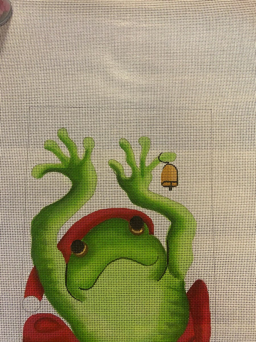 Very Rare Needlepoint Canvas Stocking Handpainted SUSAN ROBERTS Santa Frog Canvas CE 1562 Holiday Decor