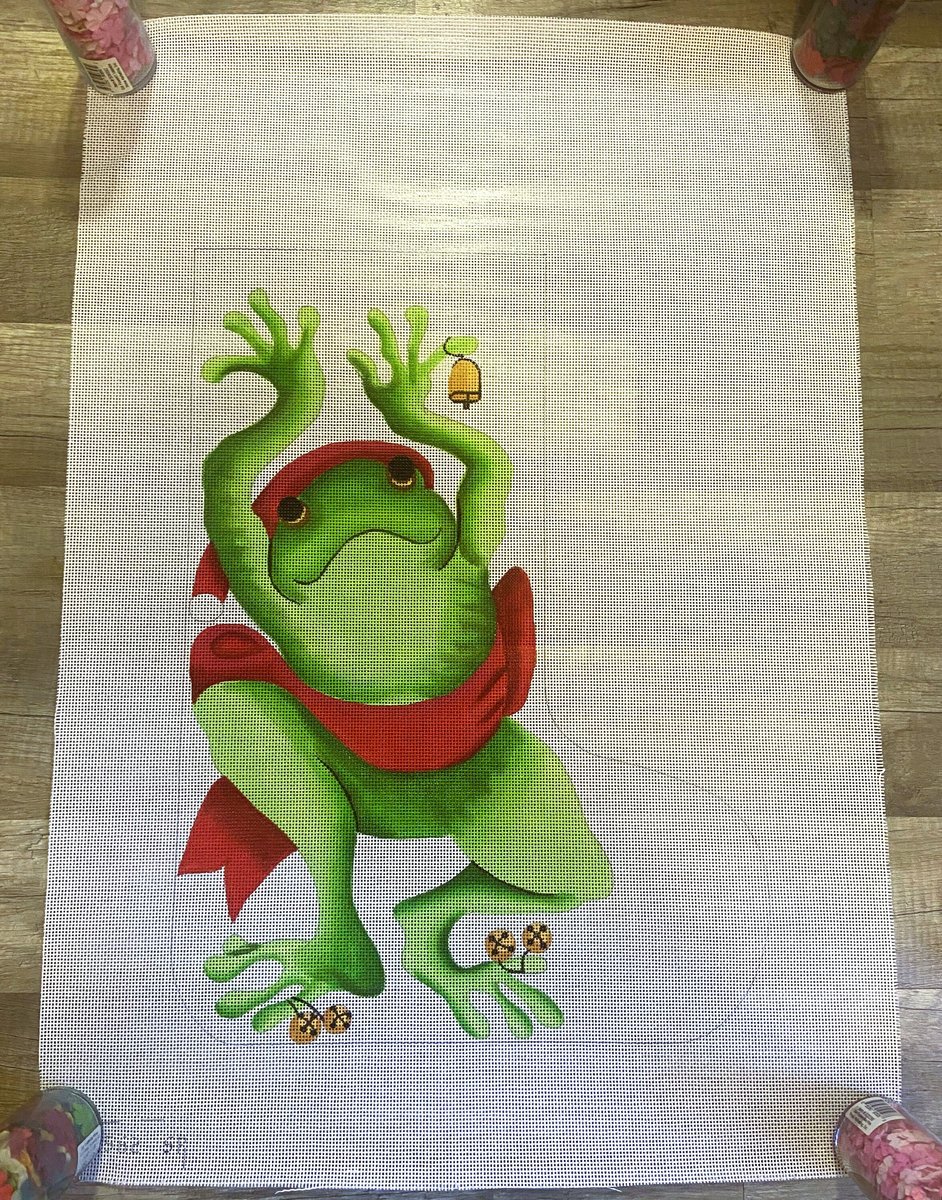 Very Rare Needlepoint Canvas Stocking Handpainted SUSAN ROBERTS Santa Frog Canvas CE 1562 Holiday Decor