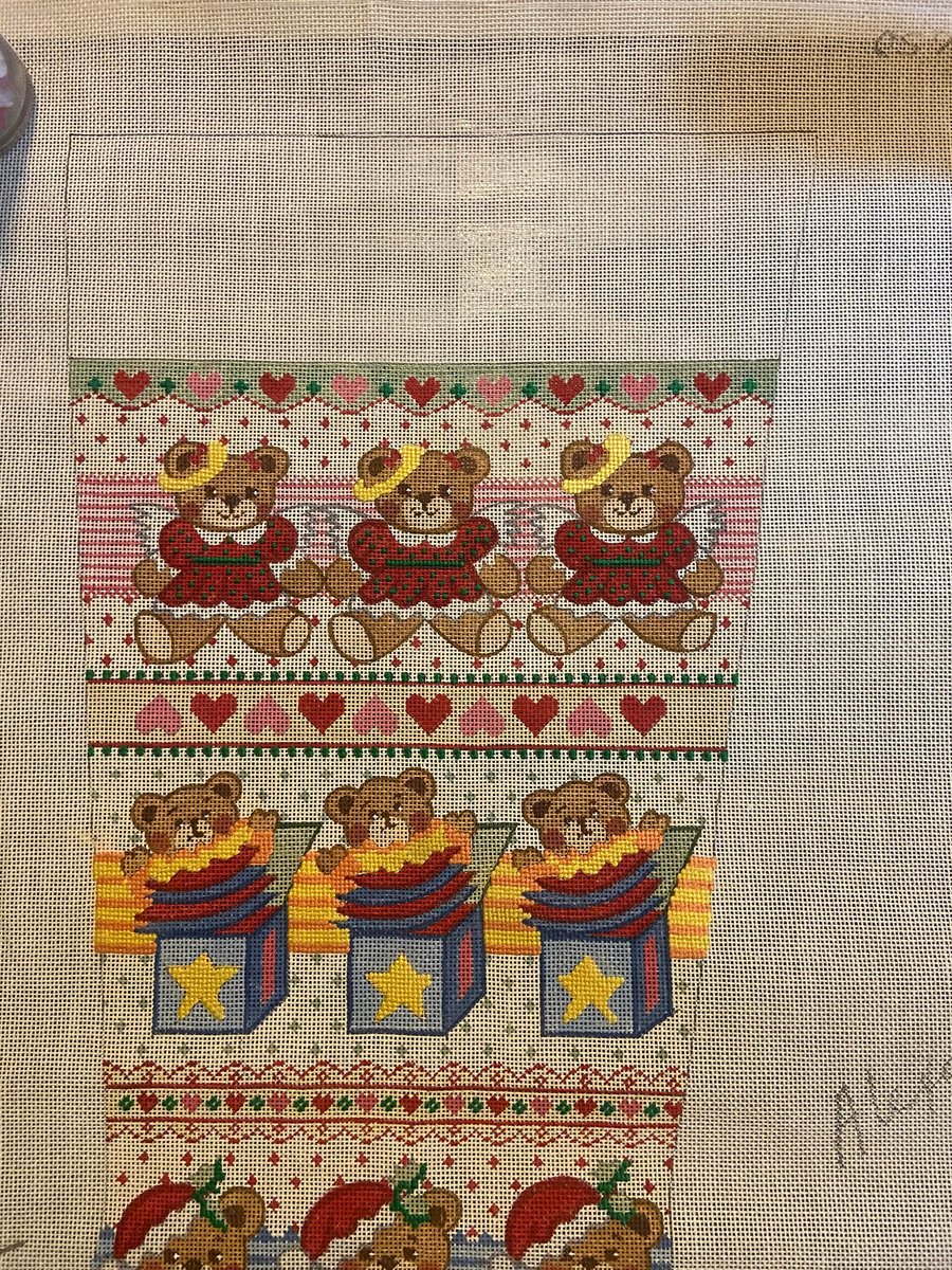 Handpainted Needlepoint Christmas Stocking Canvas Vintage ALEXA Teddy Bears Toys Embroidery Holiday Decor