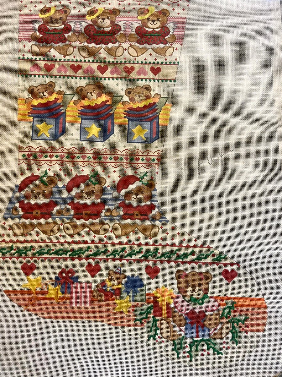 Handpainted Needlepoint Christmas Stocking Canvas Vintage ALEXA Teddy Bears Toys Embroidery Holiday Decor