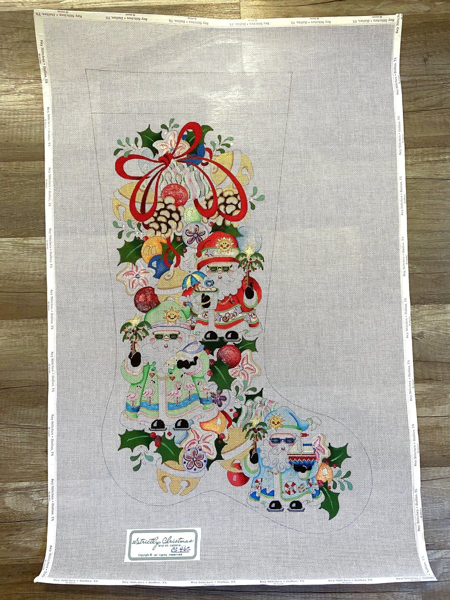 GORGEOUS Vintage STRICTLY CHRISTMAS Handpainted Needlepoint Stocking Canvas Tropical Squatty Santas Design #CS462