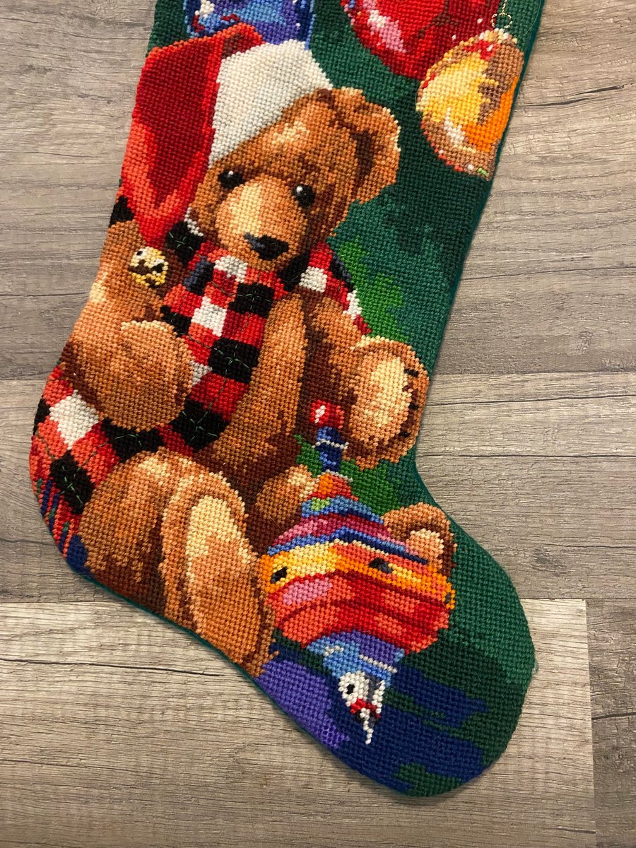 Vintage Bucilla 1994 Christmas Santa Bear Christmas Stocking 60722 Needlepoint Holiday Stocking Finished Bucilla Kit
