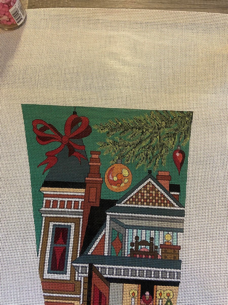 Vintage Handpainted PETER ASHE Needlepoint Victorian Christmas Stocking Canvas Holiday Decor 1980