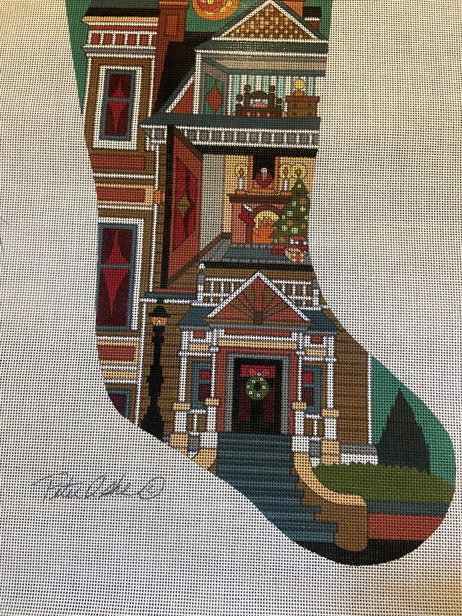 Vintage Handpainted PETER ASHE Needlepoint Victorian Christmas Stocking Canvas Holiday Decor 1980