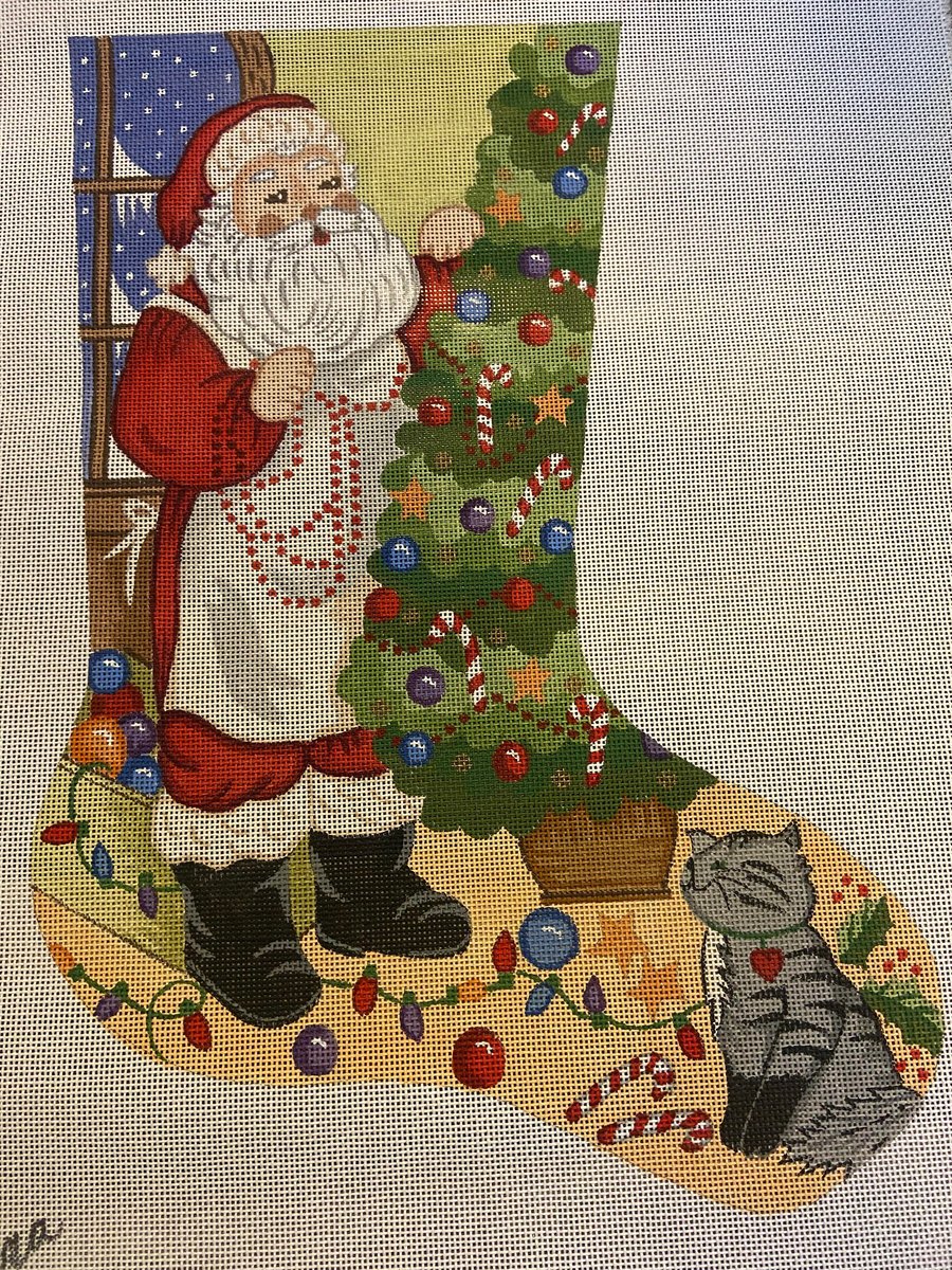 New Vintage ALEXA Santa Claus Cat Christmas Tree Decorating 7200 Stocking Handpainted Needlepoint Holiday Canvas Embroidery