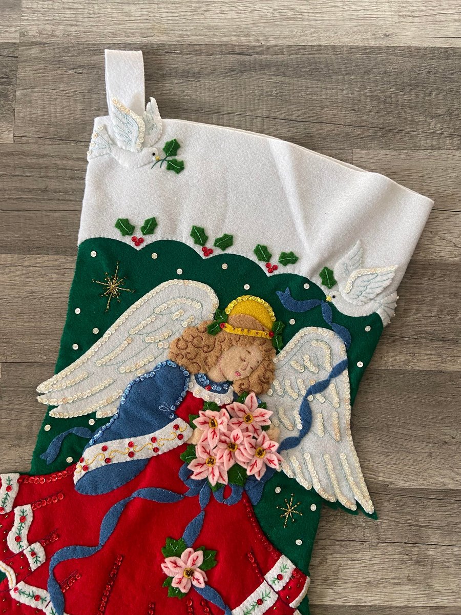 NEW BUCILLA Handmade Finished JUMBO Poinsettia Princess Angel Felt Christmas Stocking from #84080 1990s Holiday Decor!