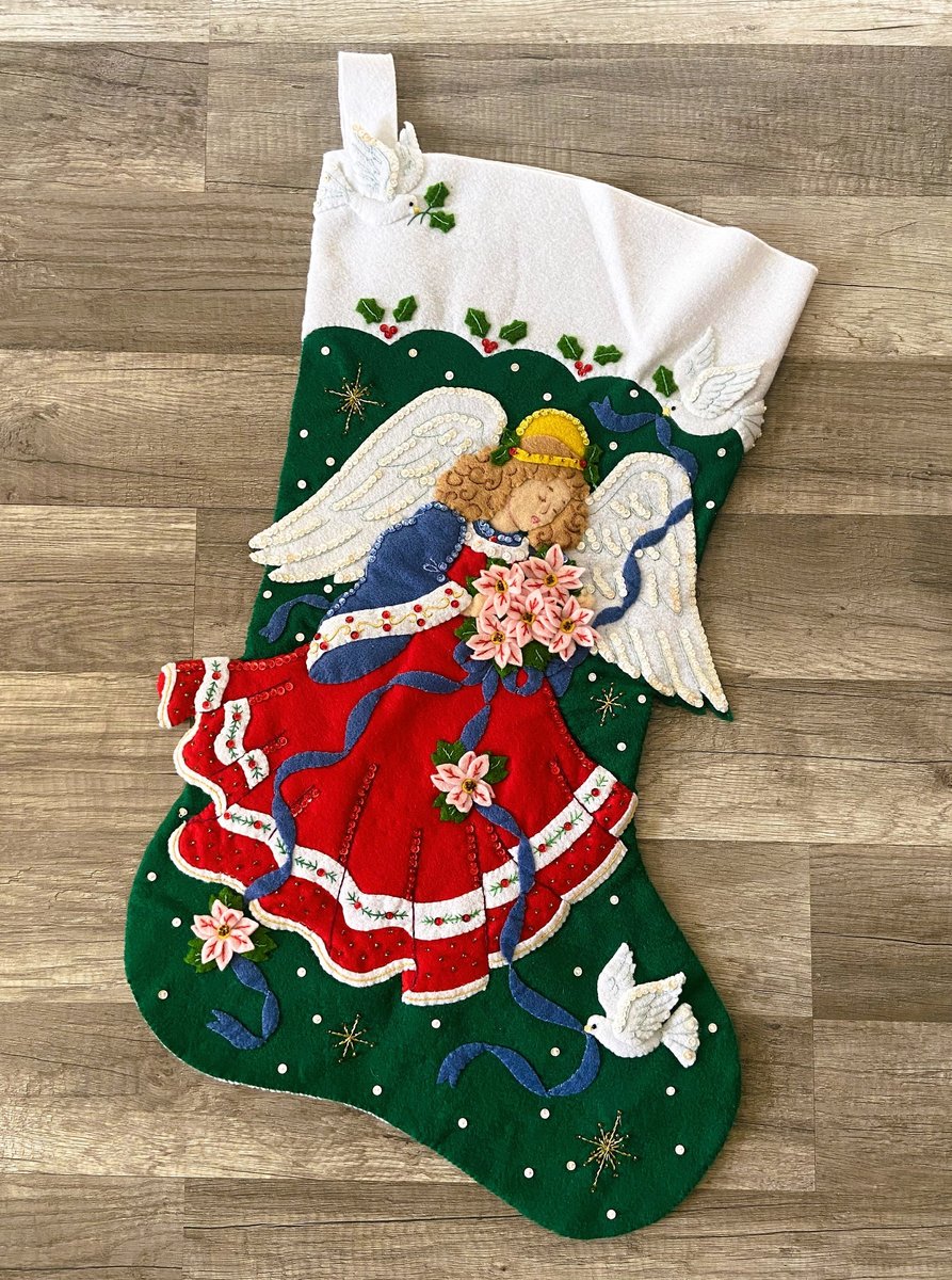 NEW BUCILLA Handmade Finished JUMBO Poinsettia Princess Angel Felt Christmas Stocking from #84080 1990s Holiday Decor!