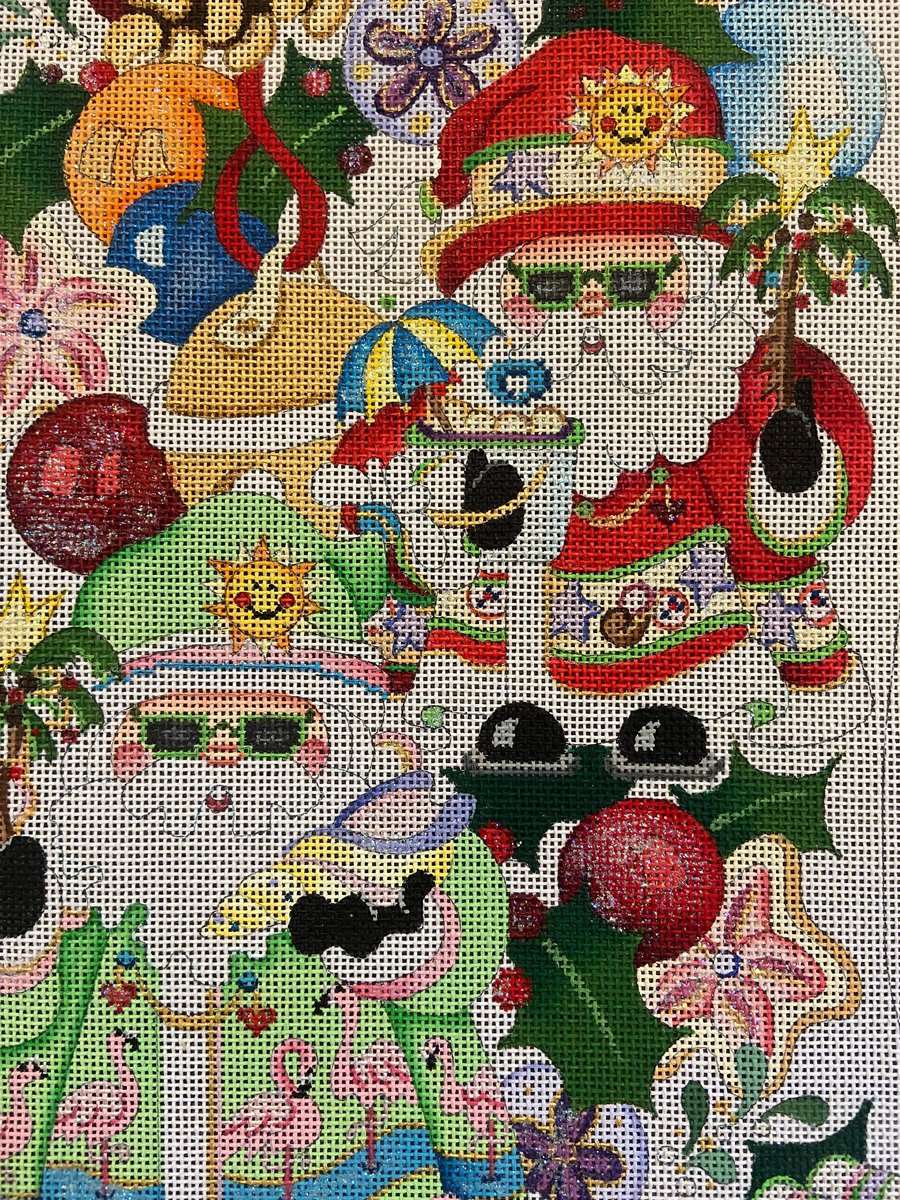 GORGEOUS Vintage STRICTLY CHRISTMAS Handpainted Needlepoint Stocking Canvas Tropical Squatty Santas Design #CS462