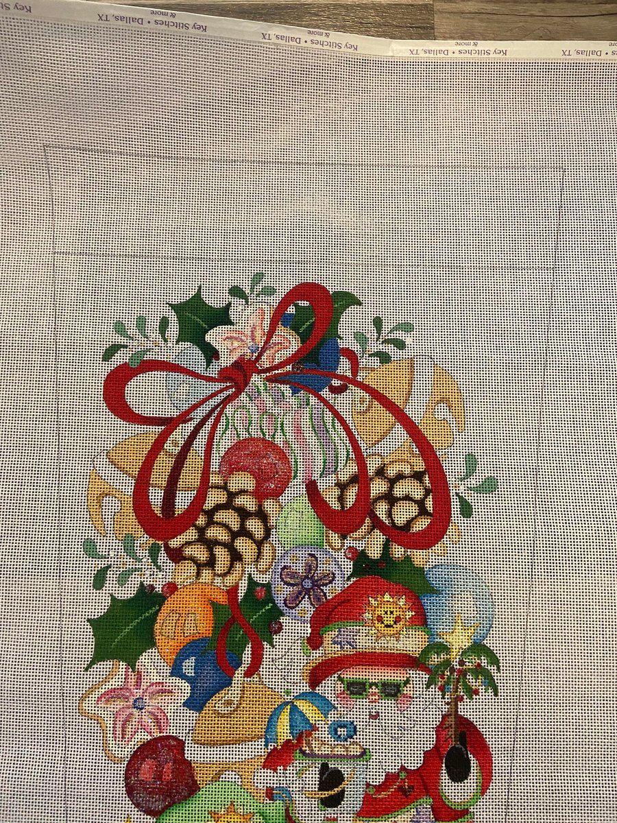 GORGEOUS Vintage STRICTLY CHRISTMAS Handpainted Needlepoint Stocking Canvas Tropical Squatty Santas Design #CS462