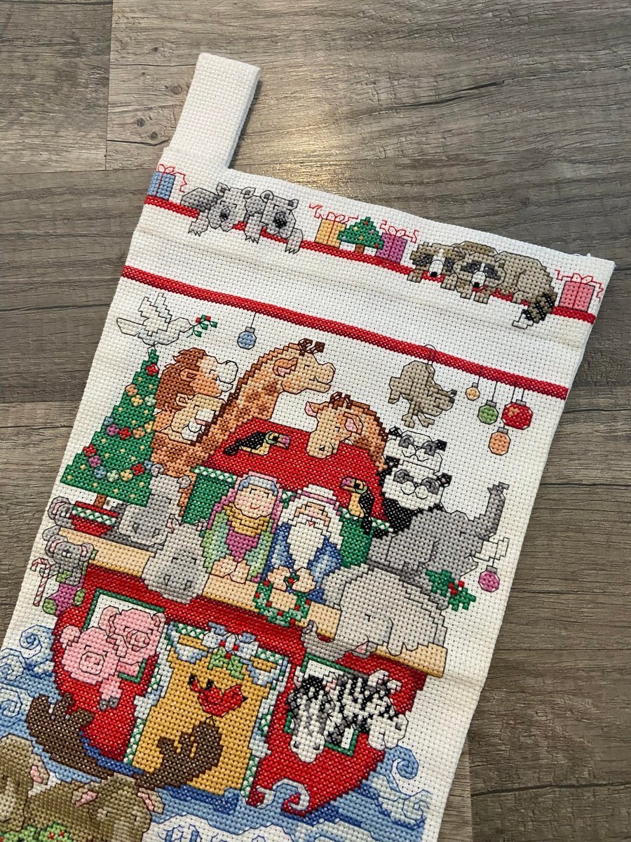 Christmas Stocking New Vintage Finished BUCILLA Counted Cross Stitch DECORATING the ARK Holiday Stocking, Handmade Embroidered Stocking