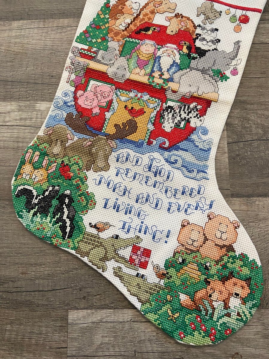 Christmas Stocking New Vintage Finished BUCILLA Counted Cross Stitch DECORATING the ARK Holiday Stocking, Handmade Embroidered Stocking