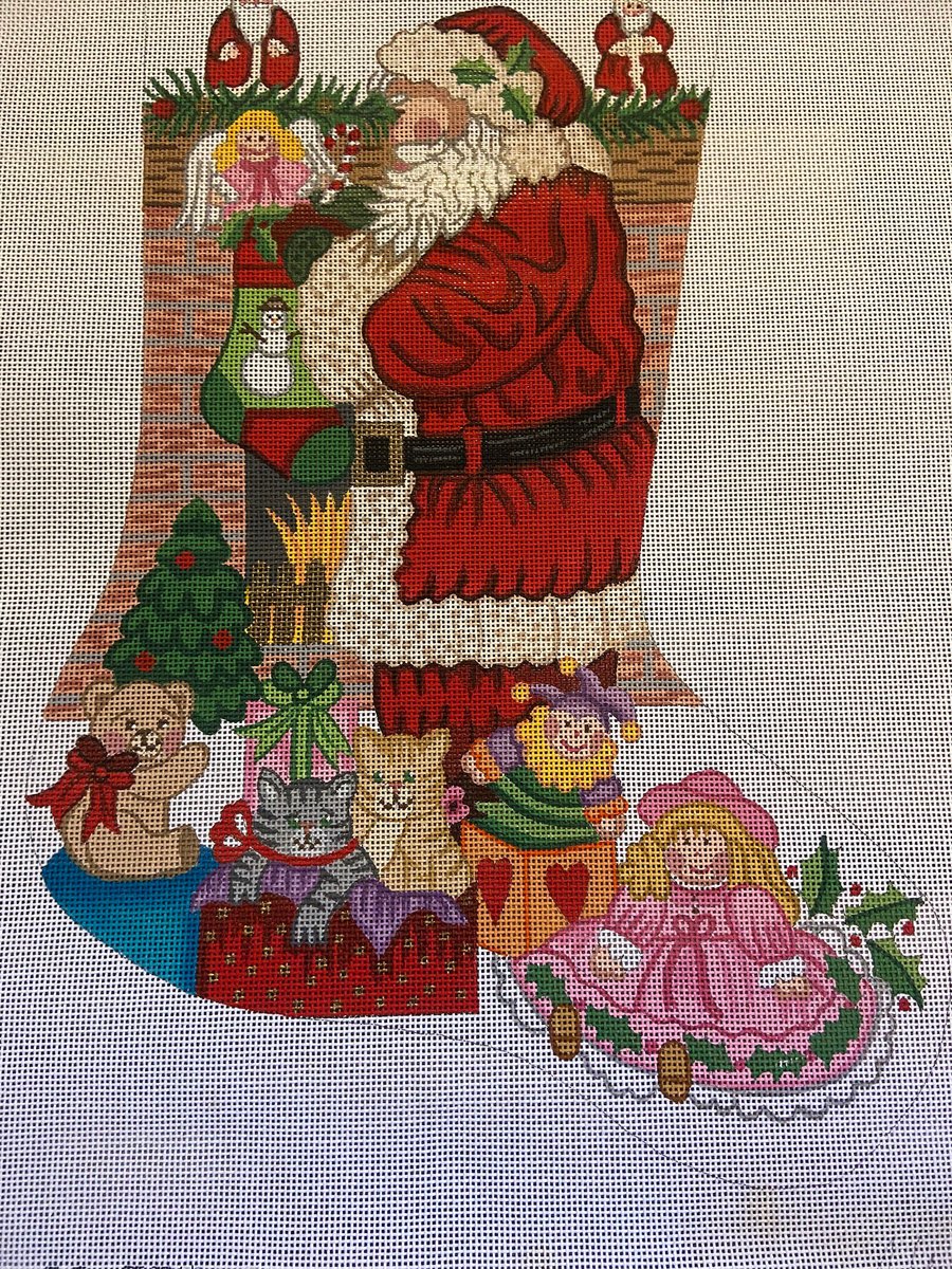 Handpainted Needlepoint Christmas Stocking Vintage ALEXA DESIGNS Santa with Stockings Canvas Embroidery Decor