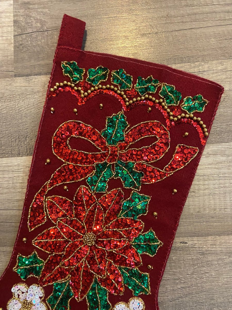 Bling Christmas Stocking, FINISHED Handmade BUCILLA Kit, Glitter & Glitz, Poinsettia Holiday Stocking, Embroidered Stocking