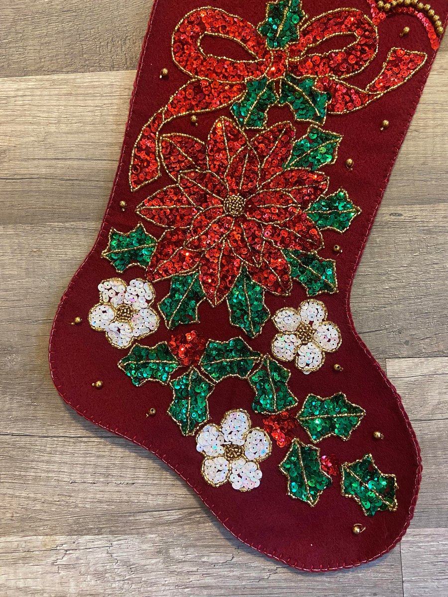 Bling Christmas Stocking, FINISHED Handmade BUCILLA Kit, Glitter & Glitz, Poinsettia Holiday Stocking, Embroidered Stocking
