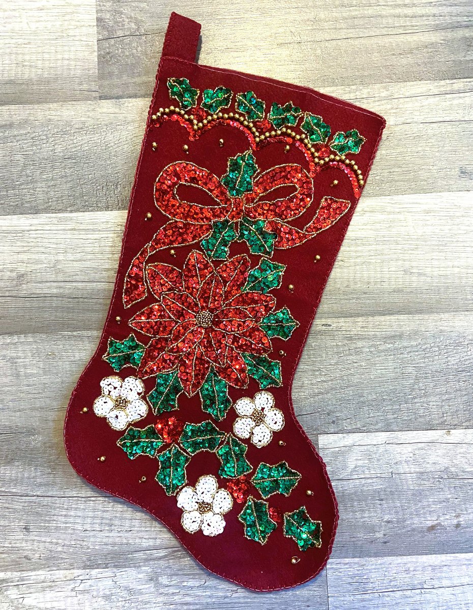 Bling Christmas Stocking, FINISHED Handmade BUCILLA Kit, Glitter & Glitz, Poinsettia Holiday Stocking, Embroidered Stocking