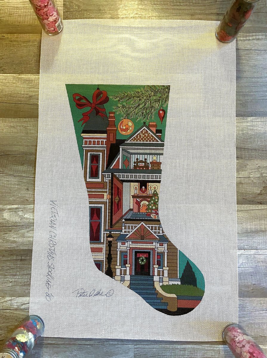 Vintage Handpainted PETER ASHE Needlepoint Victorian Christmas Stocking Canvas Holiday Decor 1980
