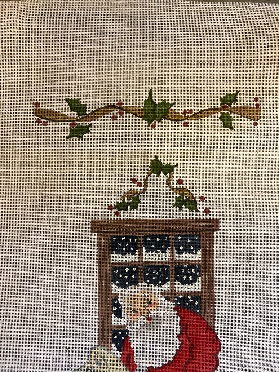 Needlepoint Christmas Stocking Handpainted Canvas Vintage STITCHES Santa In Chair With List Canvas Embroidery Decor