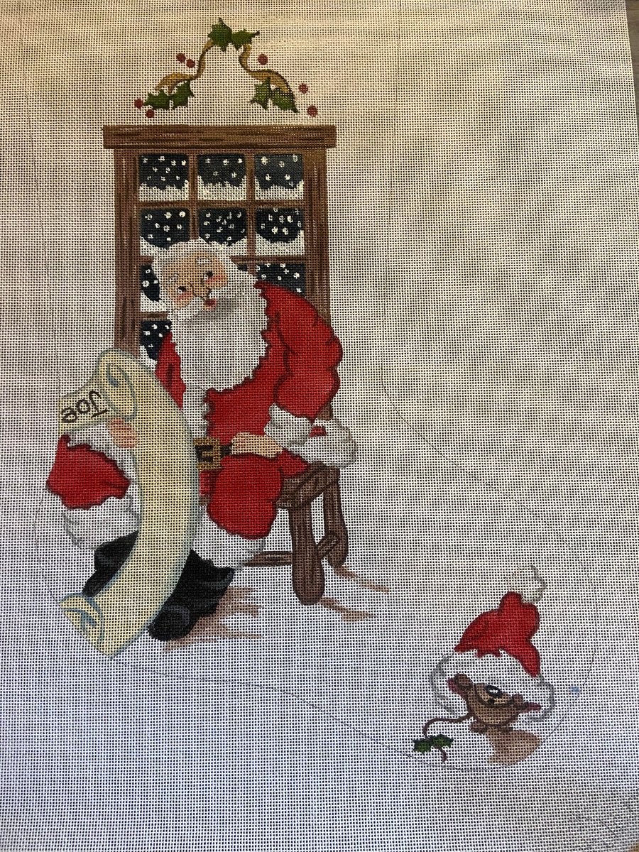 Needlepoint Christmas Stocking Handpainted Canvas Vintage STITCHES Santa In Chair With List Canvas Embroidery Decor