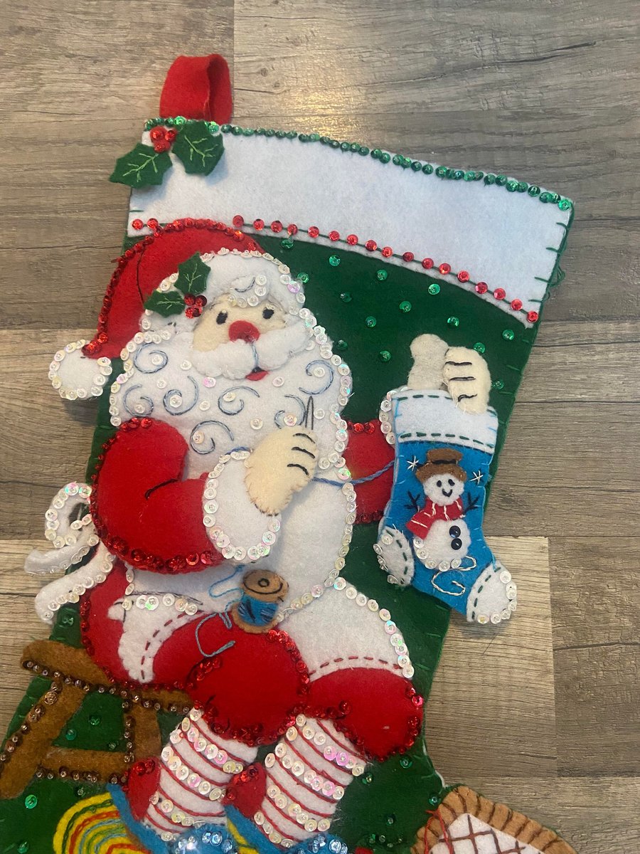 Christmas Stocking | Handmade Holiday Stocking | STITCHING SANTA Finished Felt Stocking | Embroidered Stocking