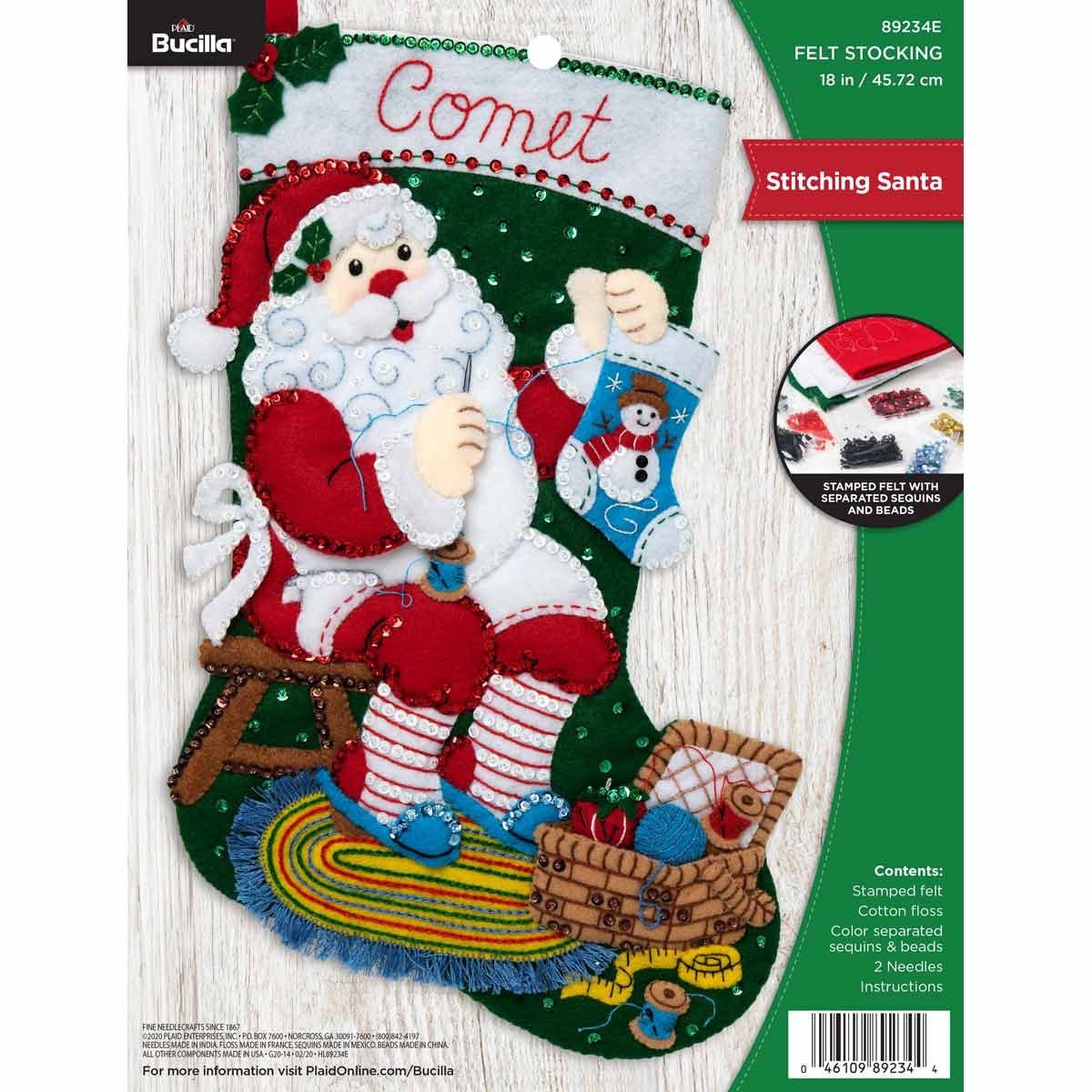 Christmas Stocking | Handmade Holiday Stocking | STITCHING SANTA Finished Felt Stocking | Embroidered Stocking