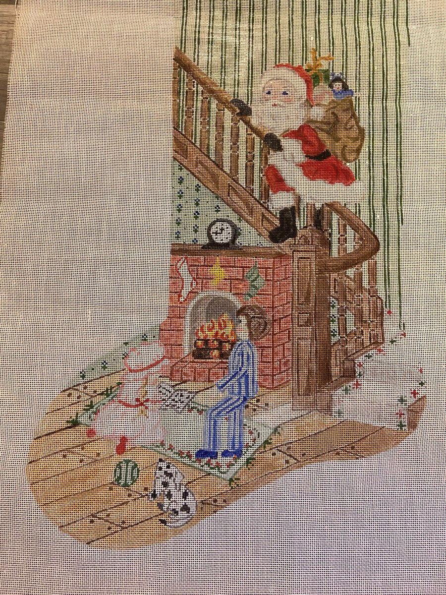 Needlepoint Christmas Stocking Canvas Handpainted 1970s Santa on Stairs Bannister Original
