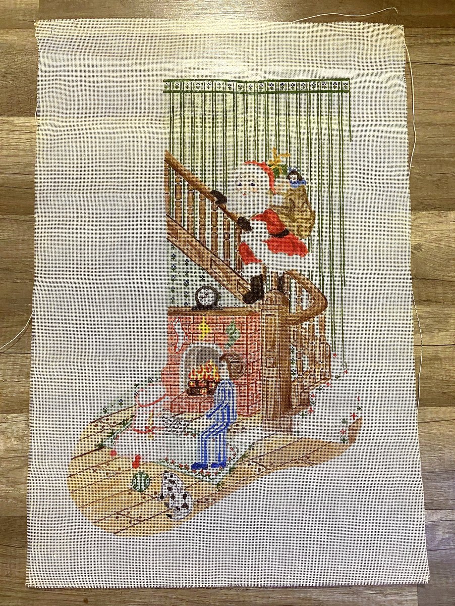 Needlepoint Christmas Stocking Canvas Handpainted 1970s Santa on Stairs Bannister Original