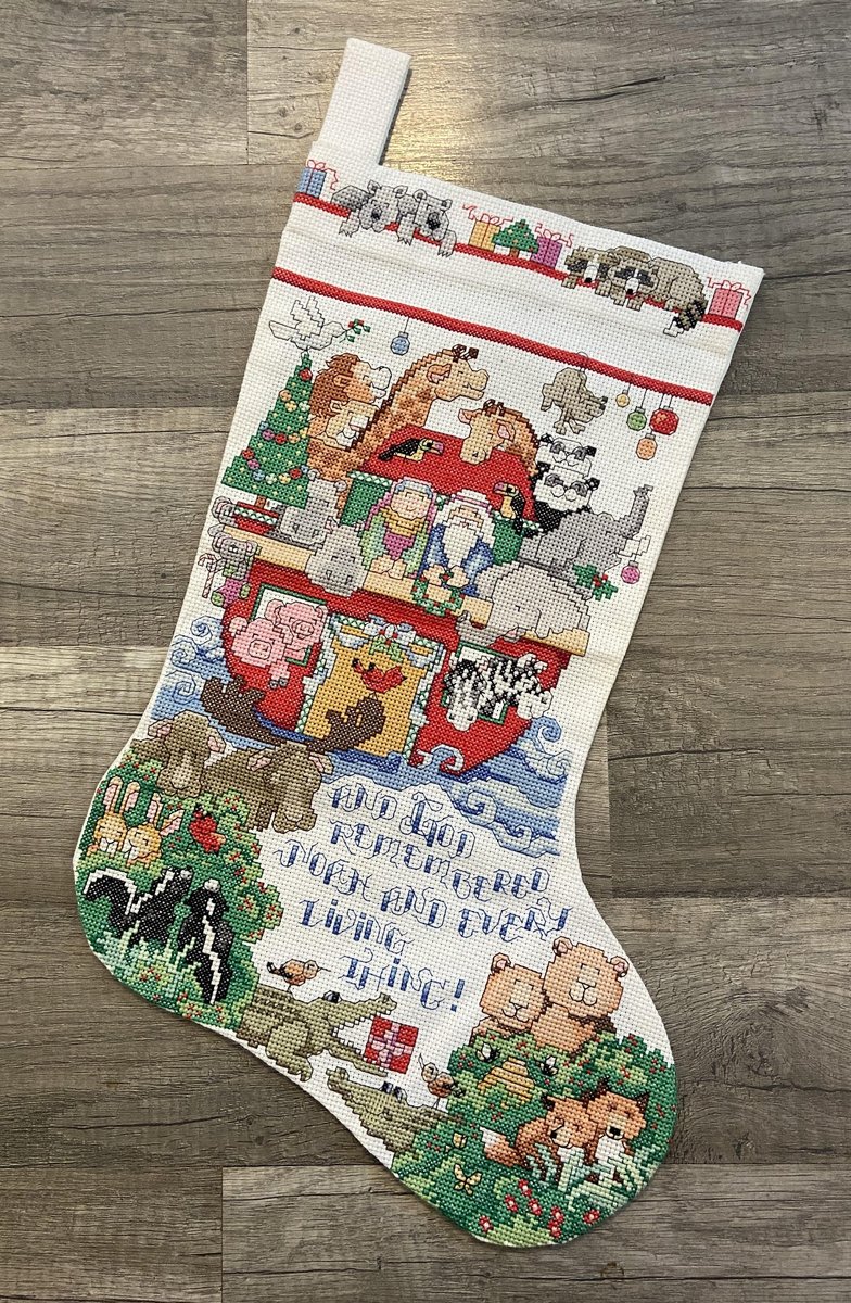 Christmas Stocking New Vintage Finished BUCILLA Counted Cross Stitch DECORATING the ARK Holiday Stocking, Handmade Embroidered Stocking