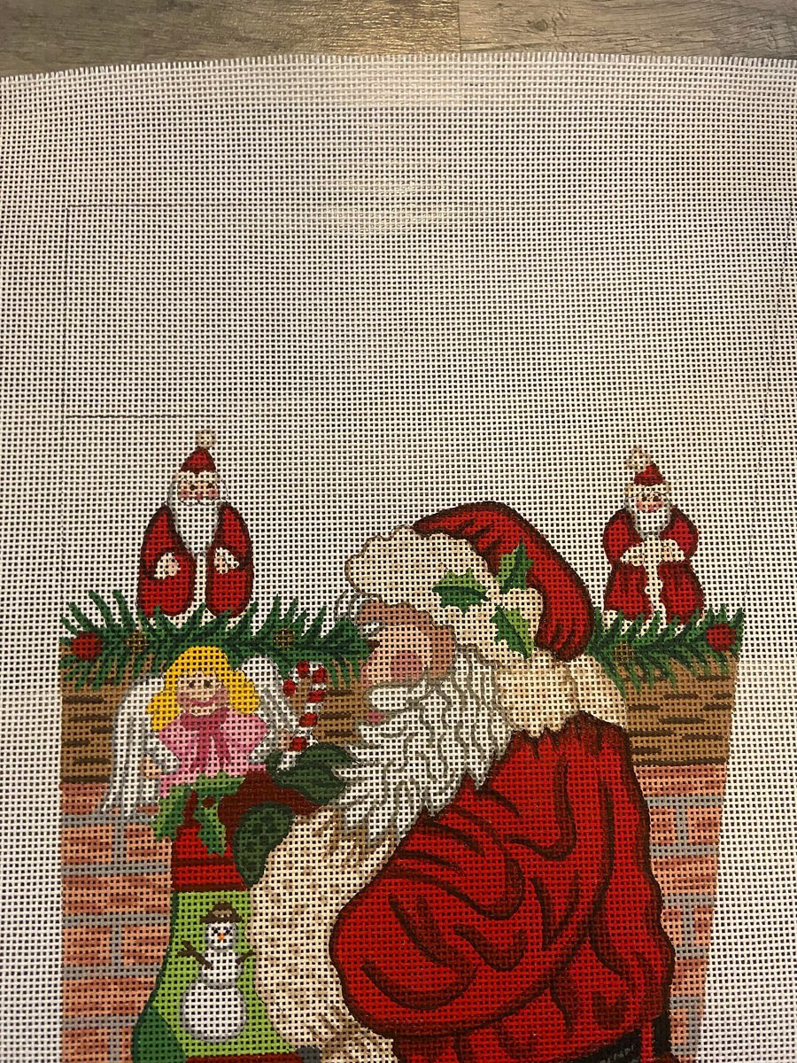 Handpainted Needlepoint Christmas Stocking Vintage ALEXA DESIGNS Santa with Stockings Canvas Embroidery Decor