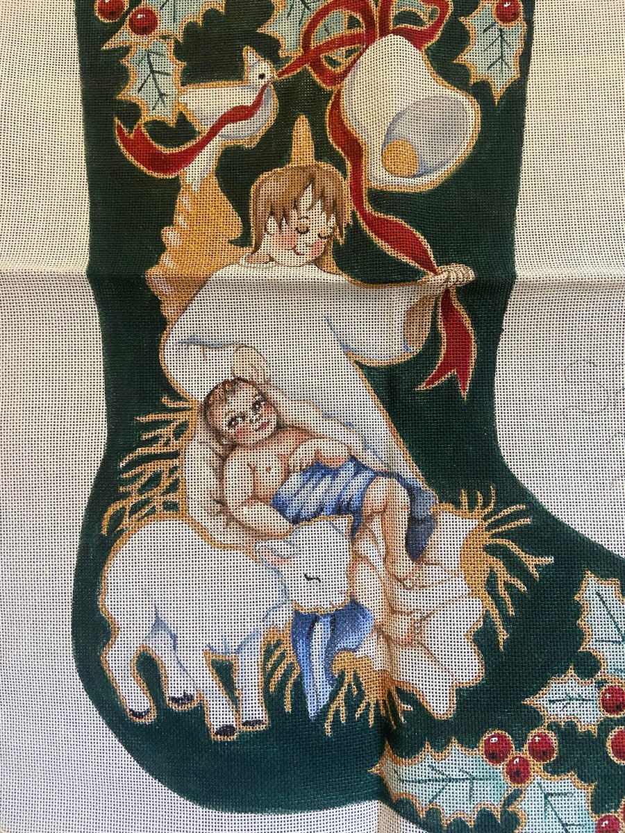 New Vintage Hand Painted Needlepoint Christmas Stocking Canvas WITH FIBERS Share One's Ideas Nativity Angel Religious Stocking