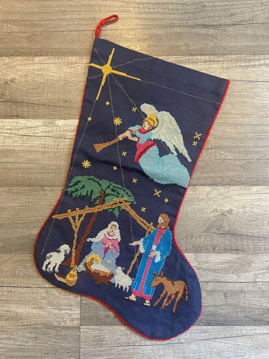 Christmas Stocking Vintage BUCILLA Holy Night COUNTED Cross Stitch Nativity Stocking