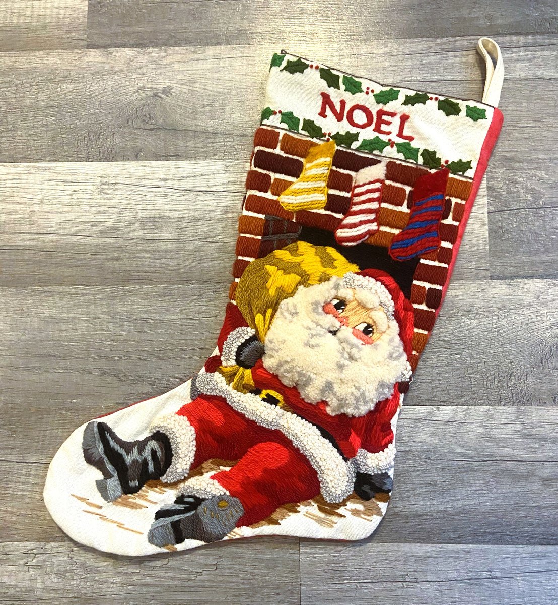 Christmas Stocking Finished 1970's Vintage SUNSET Needlepoint Santa Claus "Santa's Here" Crewel Holiday Decor
