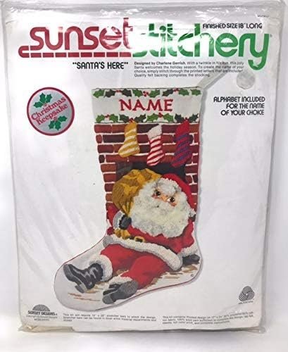 Christmas Stocking Finished 1970's Vintage SUNSET Needlepoint Santa Claus "Santa's Here" Crewel Holiday Decor