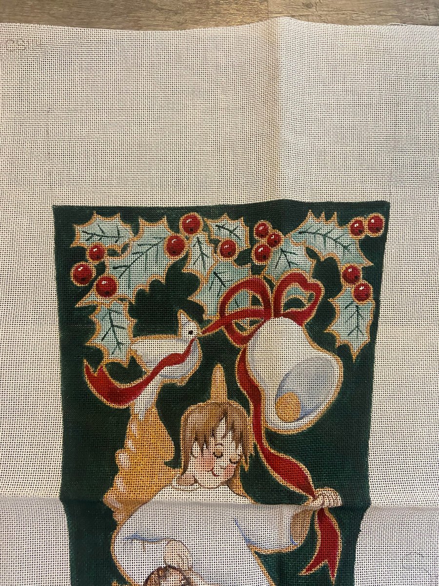 New Vintage Hand Painted Needlepoint Christmas Stocking Canvas WITH FIBERS Share One's Ideas Nativity Angel Religious Stocking