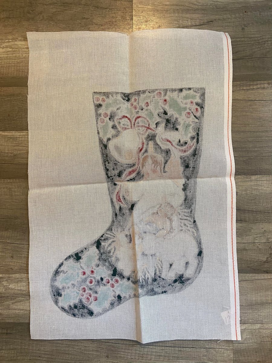 New Vintage Hand Painted Needlepoint Christmas Stocking Canvas WITH FIBERS Share One's Ideas Nativity Angel Religious Stocking