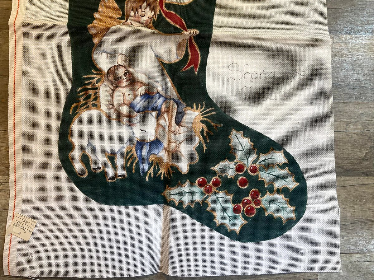 New Vintage Hand Painted Needlepoint Christmas Stocking Canvas WITH FIBERS Share One's Ideas Nativity Angel Religious Stocking