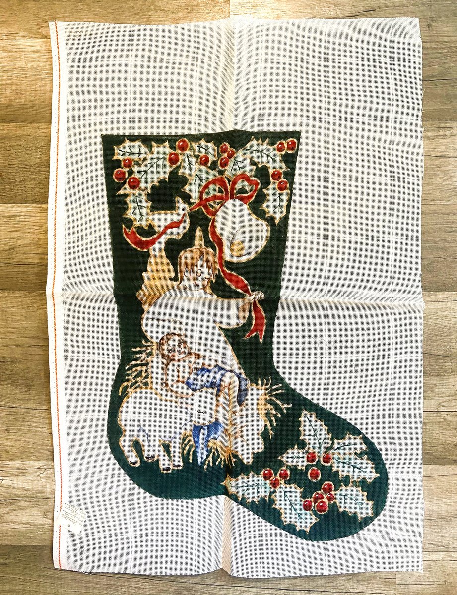 New Vintage Hand Painted Needlepoint Christmas Stocking Canvas WITH FIBERS Share One's Ideas Nativity Angel Religious Stocking